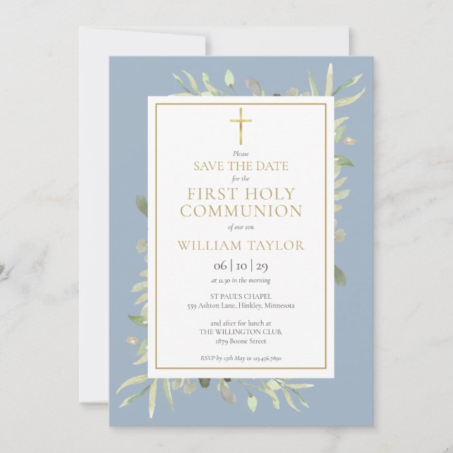 Save The Date Première Sainte Communion Dusty Blue Greenery (Devant)