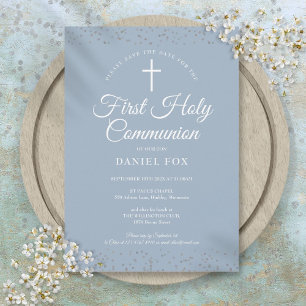 Save The Date Première Sainte Communion Dusty Blue Silver Stardu