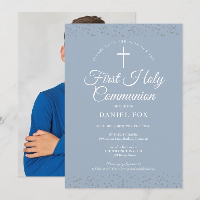 Save The Date Première Sainte Communion Dusty Blue Stardust Phot (Devant / Derrière)