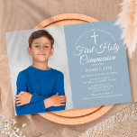 Save The Date Première Sainte Communion Dusty Blue Stardust Phot<br><div class="desc">Une élégante Première Sainte Communion sauvez l'invitation de la date avec la délicate poussière d'étoile d'argent. Vous pouvez personnaliser avec vos détails de célébration en texte chic et une photo spéciale sur un arrière - plan bleu poussiéreux. Conçu par Thisisnotme©</div>