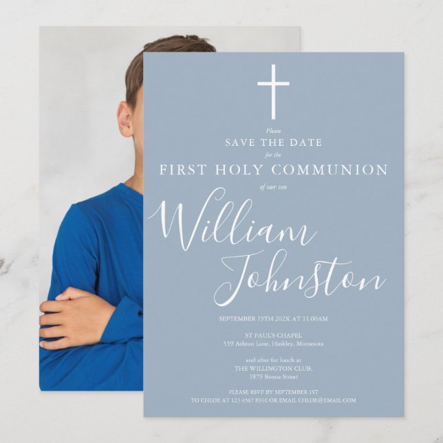 Save The Date Première Sainte Communion Écriture Bleu Poussiéreu (Devant / Derrière)