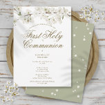 Save The Date Première Sainte Communion Élégante florale de fleu<br><div class="desc">Une élégante première communion sainte sauve la carte de date avec une fleur blanche délicate encadrant vos premiers détails de communion sainte dans une élégante typographie dorée. Conçu par Thisisnotme©</div>