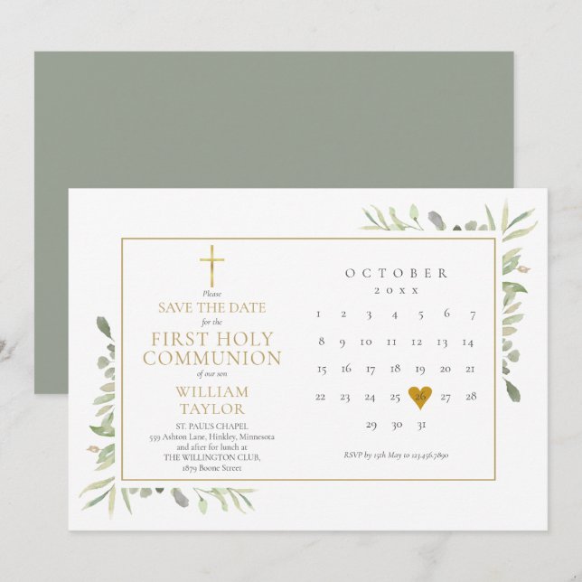 Save The Date Première Sainte Communion Élégante Verdure (Devant / Derrière)