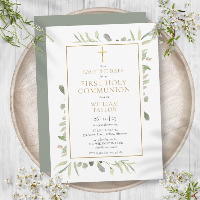 Save The Date Première Sainte Communion Élégante Verdure (First Holy Communion Elegant Greenery Save The Date)