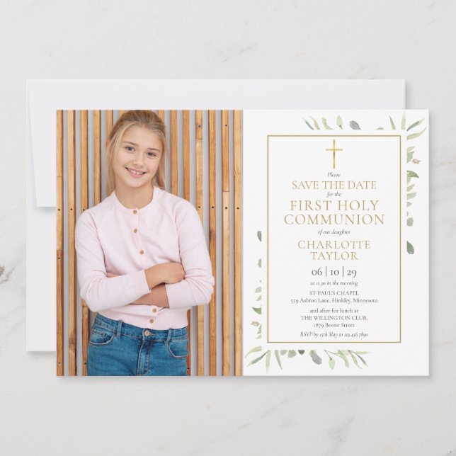 Save The Date Première Sainte Communion Élégante Verdure Photo (Devant)