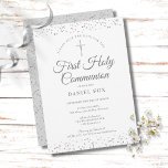 Save The Date Première Sainte Communion Fécule d'argent<br><div class="desc">Une élégante Première Sainte Communion sauvez l'invitation de la date avec la délicate poussière d'étoile d'argent. Vous pouvez personnaliser avec vos détails spéciaux de célébration en texte argenté chic. Conçu par Thisisnotme©</div>