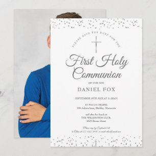 Save The Date Première Sainte Communion Photo Pailleté Argent