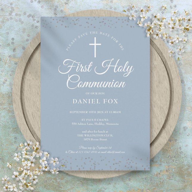 Save The Date Première Sainte Communion Poussière Bleue Poussièr (First Holy Communion Dusty Blue Silver Stardust Save The Date)