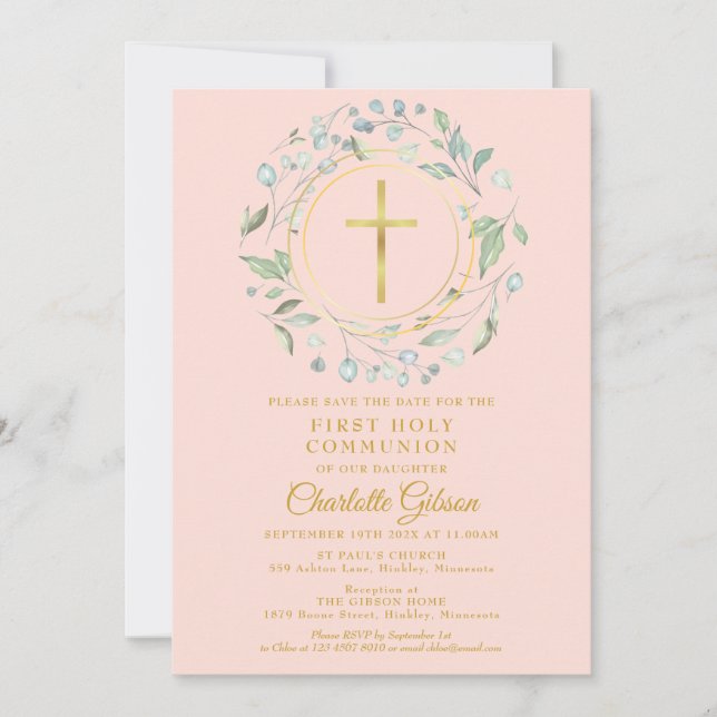 Save The Date Première Sainte Communion Rose Croix de Verdure en (Devant)