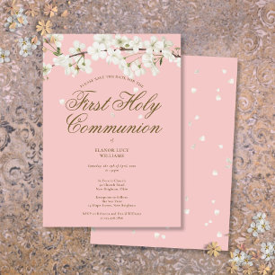 Save The Date Première Sainte Communion Rose Fleur Blanche Flora