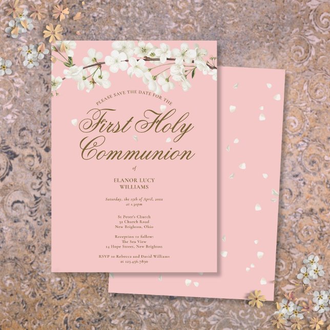 Save The Date Première Sainte Communion Rose Fleur Blanche Flora (Pink First Holy Communion White Blossom Floral Save The Date)
