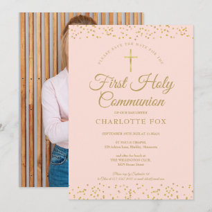 Save The Date Première Sainte Communion Rose Pâle Poussière d'Or