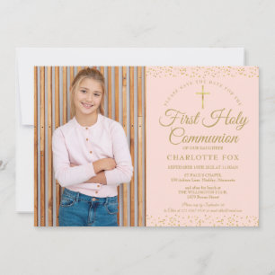Save The Date Première Sainte Communion Rose Pâle Poussière d'Or