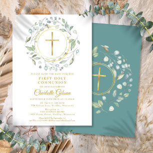 Save The Date Première Sainte Communion Verdure Croix Dorée