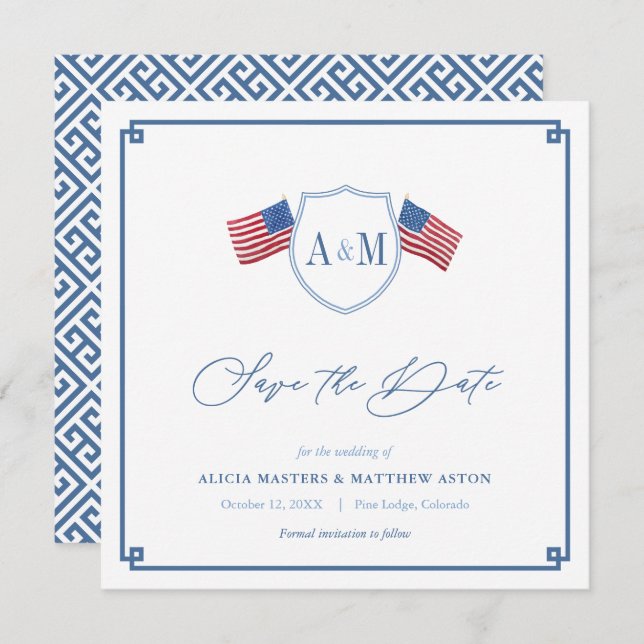 Save The Date Preppy All-American Red White Blue Mariage (Devant / Derrière)