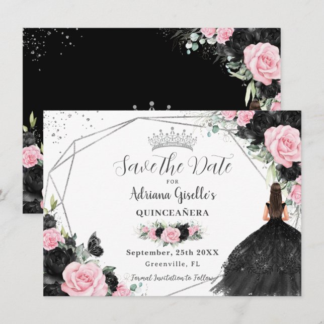 Save The Date Princesse Florale Rose Noire Silver Quinceañera (Devant / Derrière)