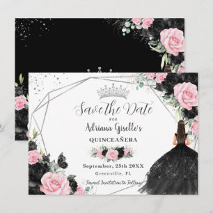 Save The Date Princesse Florale Rose Noire Silver Quinceañera