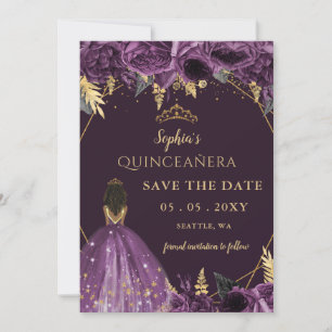 Save The Date Princesse Tan Or Violet Floral Quinceañera