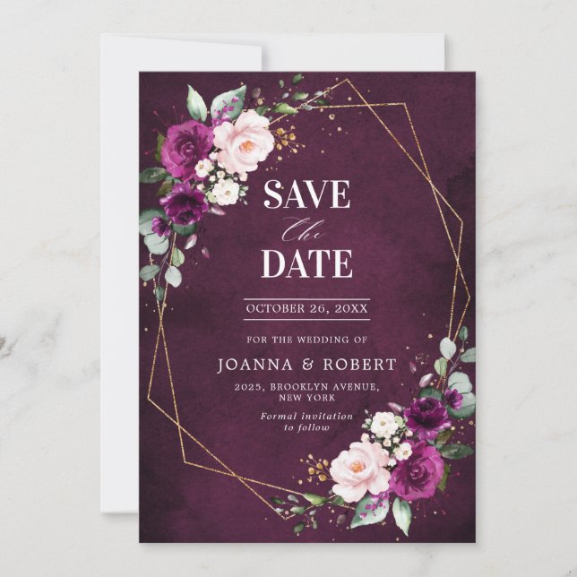 Save The Date Prune Rose Pâle Mariage Géométrique Bohème (Devant)