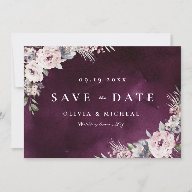 Save The Date Prune & rose poussiéreux floral bohème rustique à  (Devant)