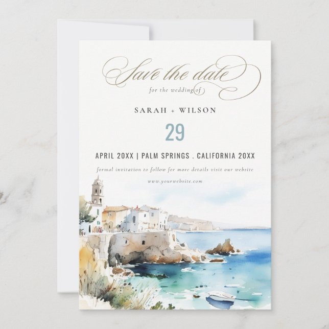 Save The Date Puglia, Italy Watercolor Landscape Wedding (Devant)