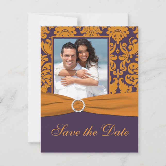 Save The Date Purple and Orange Damask Photo Enregistrer la date (Devant)