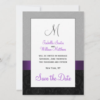 Save The Date Purple Black Damask Argent initial Enregistrer la