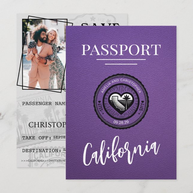 Save The Date Purple California Passport Enregistrer La Date (Devant / Derrière)
