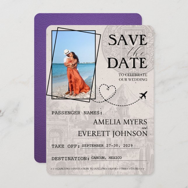 Save The Date Purple Cancun Passeport Enregistrer La Date (Devant / Derrière)
