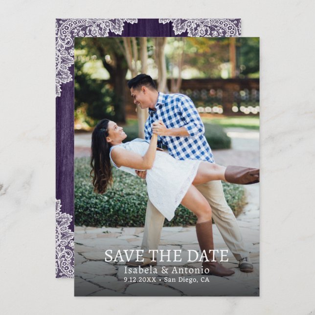 Save The Date Purple Country Wood Floral Dentelle Mariage Photo (Devant / Derrière)