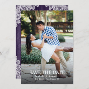 Save The Date Purple Country Wood Floral Dentelle Mariage Photo