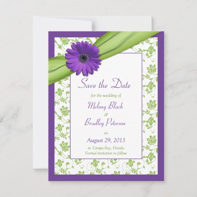 Save The Date Purple Daisy Green Floral Damask Enregistrer la da (Devant)