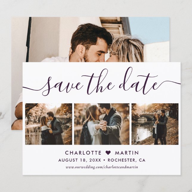 Save The Date Purple Elegant Modern Script 4 Photo Wedding (Devant / Derrière)