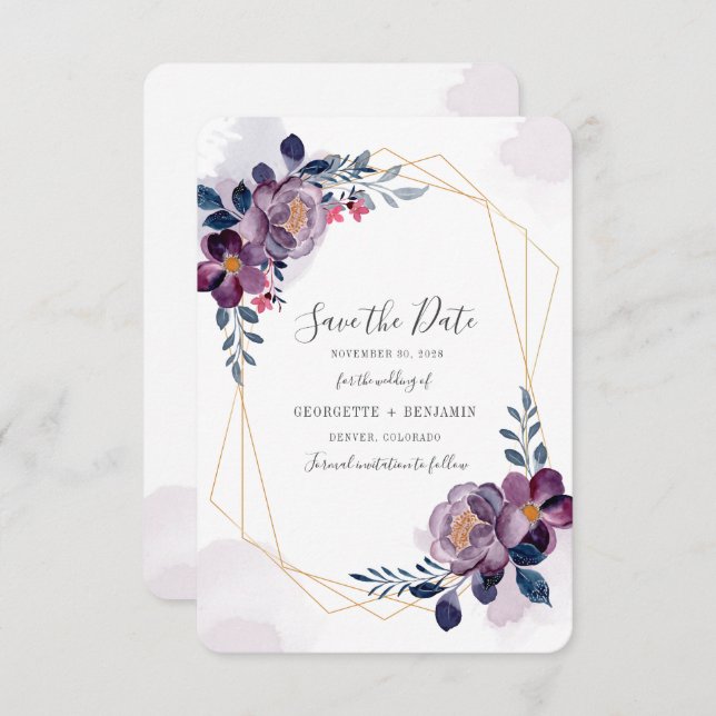 Save The Date Purple Floral Bloom Script Géométrique Enregistrer (Devant / Derrière)