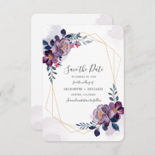 Save The Date Purple Floral Bloom Script Géométrique Enregistrer