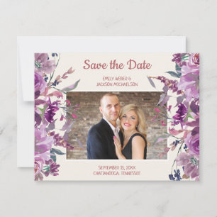 Save The Date Purple Floral Cream Mariage Enregistrer Date Photo