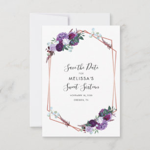 Save The Date Purple Floral Élégant Rose Or Géométrique