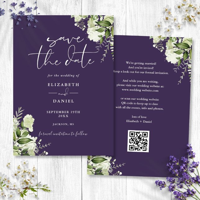 Save The Date Purple Floral Greenery QR Code Mariage (Purple Floral Greenery QR Code Wedding Save The Date)