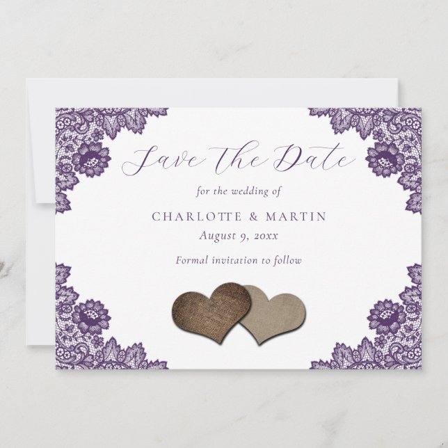 Save The Date Purple Floral Lace Burlap Hearts Rustic Wedding (Devant)