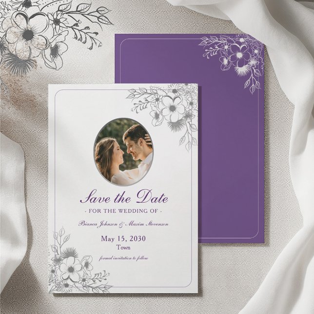 Save The Date Purple Floral Photo (Créateur téléchargé)
