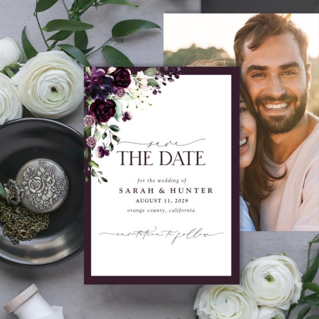 Save The Date Purple Floral Script photo mariage Enregistrer la  (Créateur téléchargé)