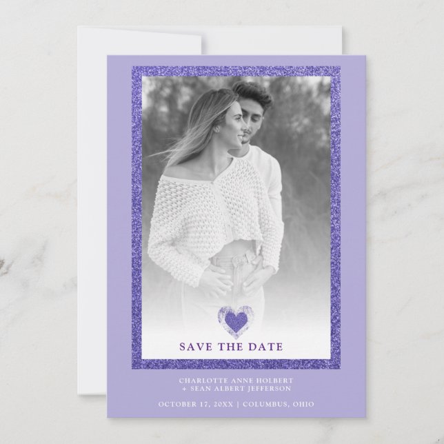 Save The Date Purple Frame Sparkle Simple Photo Engaged Heart (Devant)