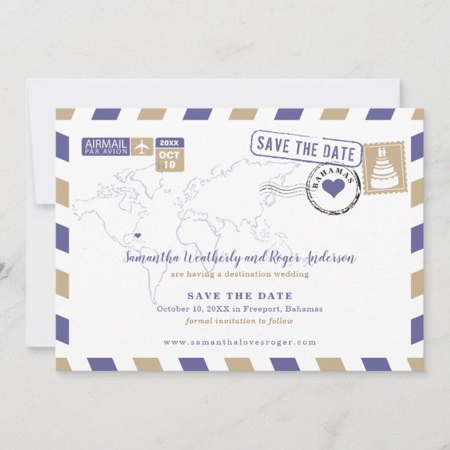 Save The Date Purple Gold Bahamas Air Mail Wedding Enregistrer L (Devant)