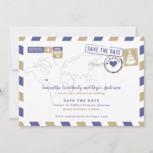 Save The Date Purple Gold Bahamas Air Mail Wedding Enregistrer L