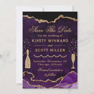 Save The Date Purple & Gold Faux Parties scintillant Marbre Agat