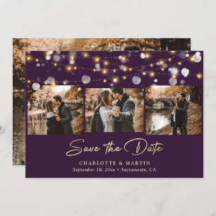 Save The Date Purple Gold Mariage 4 Photo Collage Enregistrer La