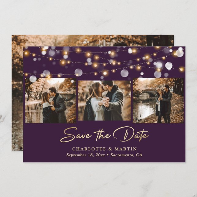 Save The Date Purple Gold Mariage 4 Photo Collage Enregistrer La (Devant / Derrière)