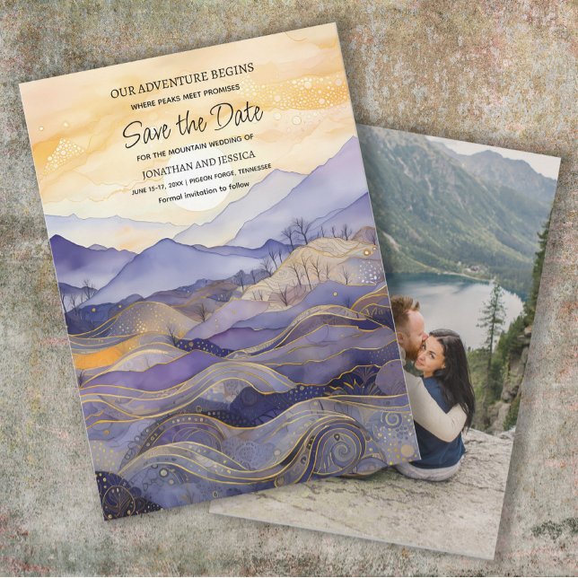 Save The Date Purple Gold Mountain Mariage photo Date d'enregist (Purple and gold mountain wedding Save the Date photo card)
