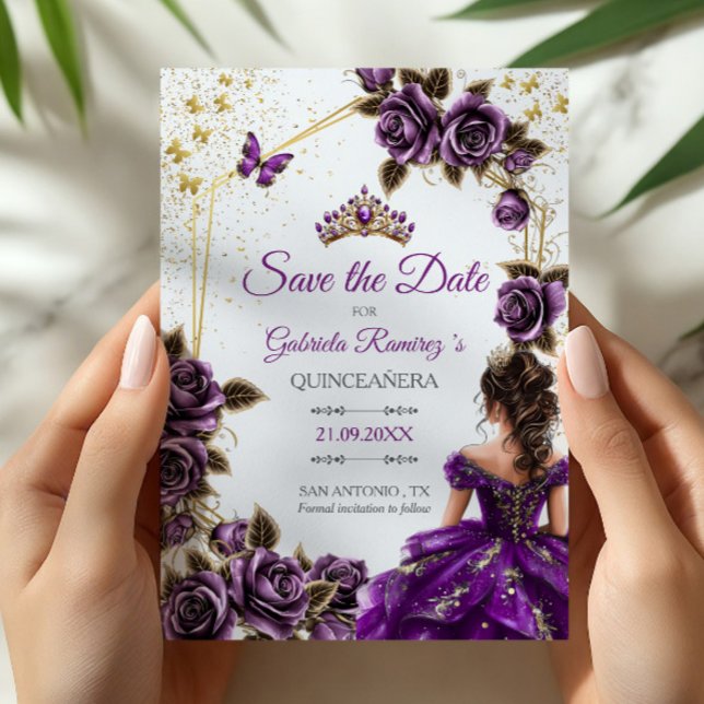 Save The Date Purple Golden Tiara Roses Butterflies Quinceañera (Créateur téléchargé)