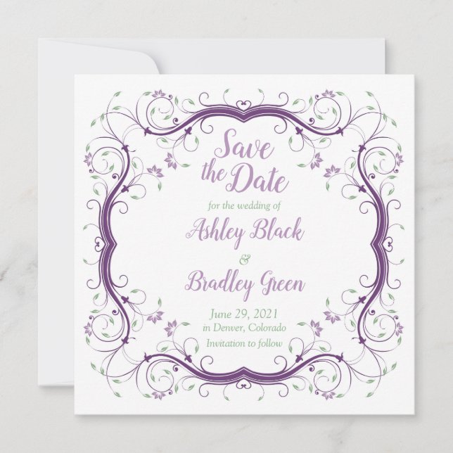 Save The Date Purple Green Floral Scroll Wedding Enregistrer la  (Devant)